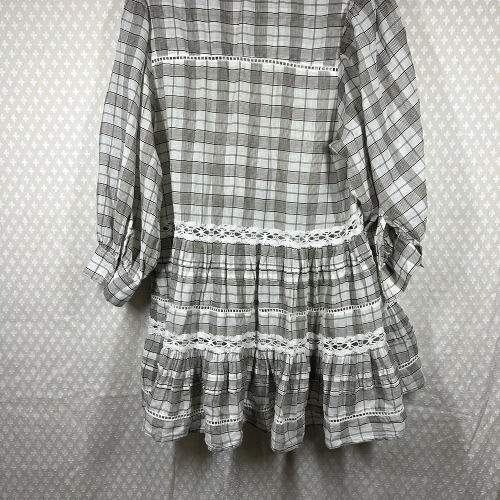 Free People White Grey‎ Plaid Time Out Eyelet Tiered Tunic Top